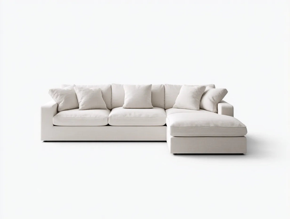 Divano angolare con chaise longue in tessuto 305×190×82 cm - avorio - design morbido contemporaneo per soggiorno